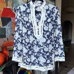 Tory Burch Navy and White Floral V-Neck Tunic